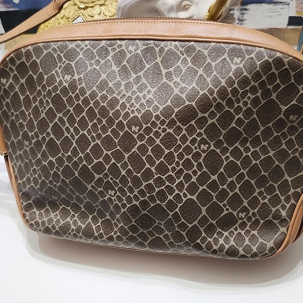 Nina Ricci Signature Logo Handbag Shoulder Bag Leather Tan Brown Animal Vtg Rare